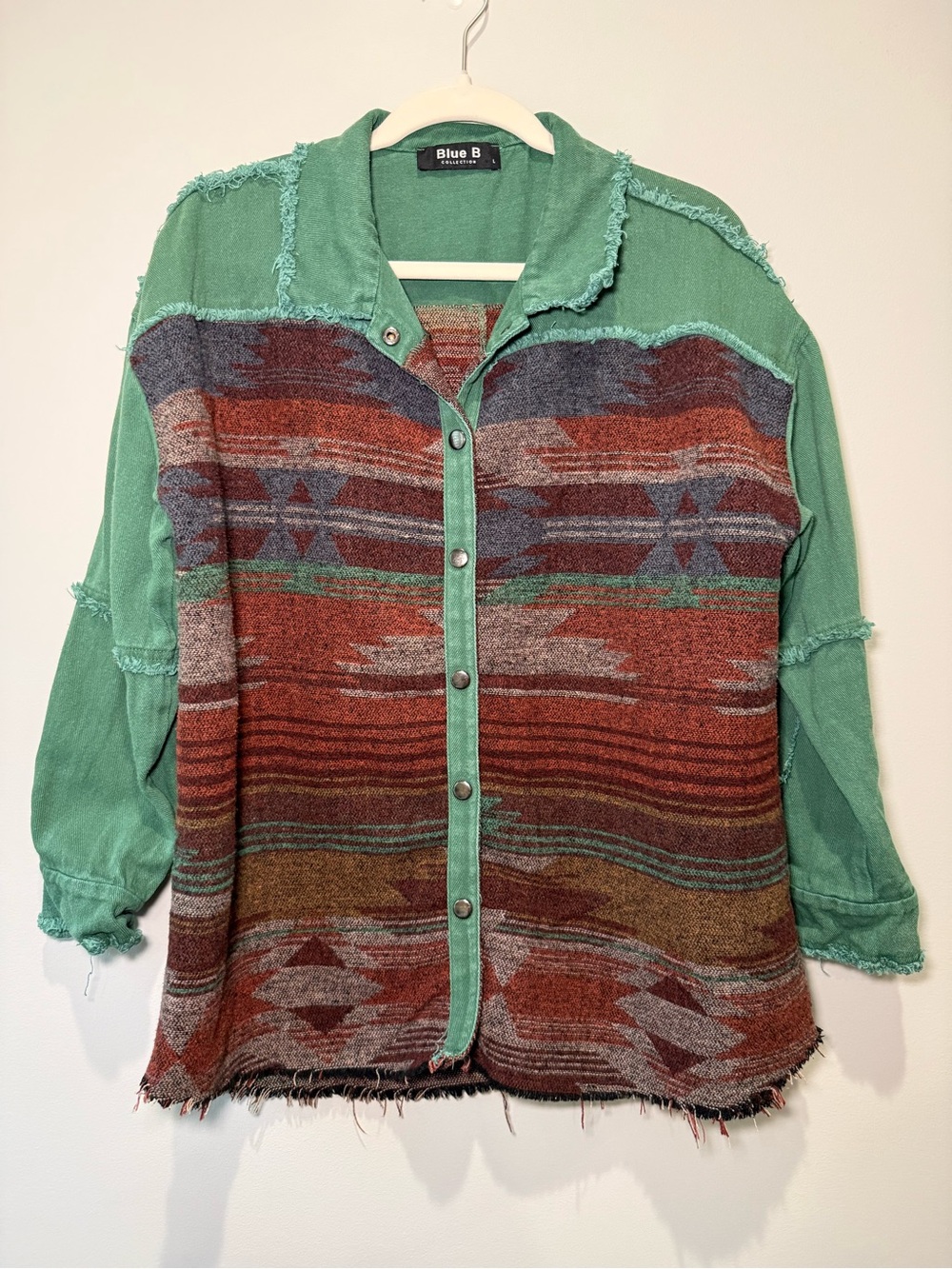 Blue B Aztec Southwestern Frayed Hem Green Denim Mix Media Shacket Large